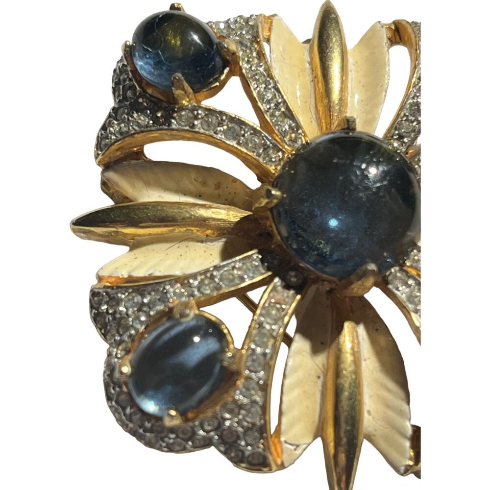Kenneth Jay Lane KJL Blue & Rhinestone Vintage Square Floral Brooch Signed - Picture 2 of 16